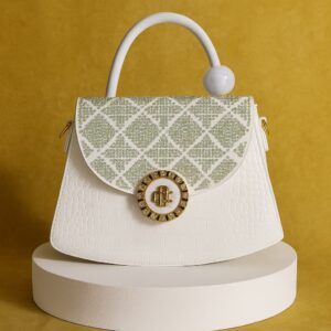 Elegant White Croc-Texture Handbag with Mint Crystal Detailing