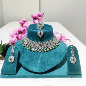 Emerald Green American diamond Choker Set with Tikka and Ring