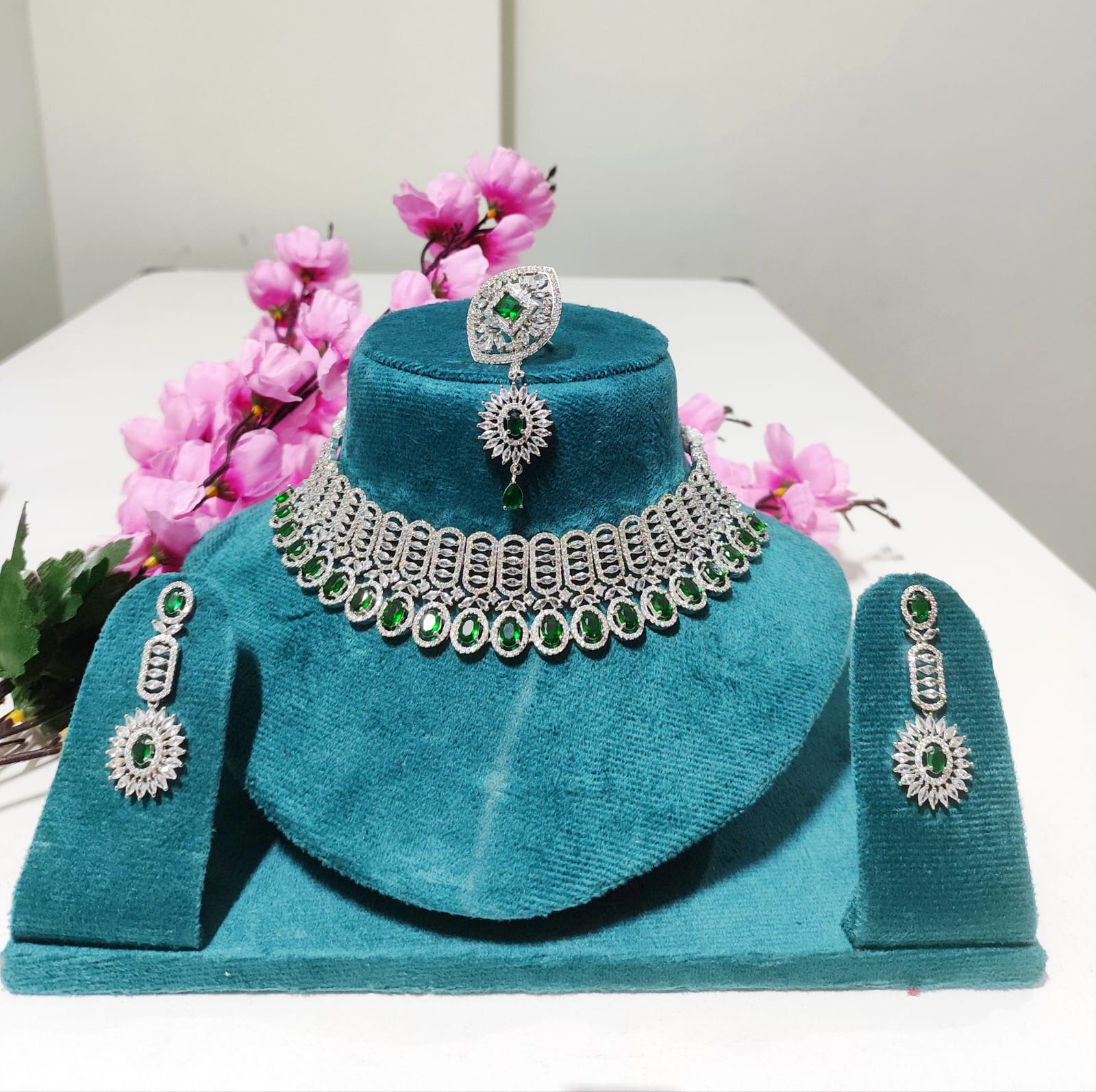 Emerald Green American diamond Choker Set with Tikka and Ring