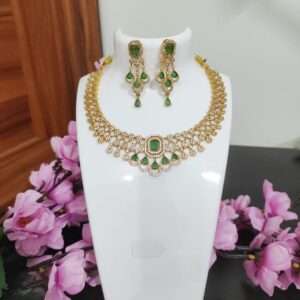 Golden CZ stone Necklace set with green stone