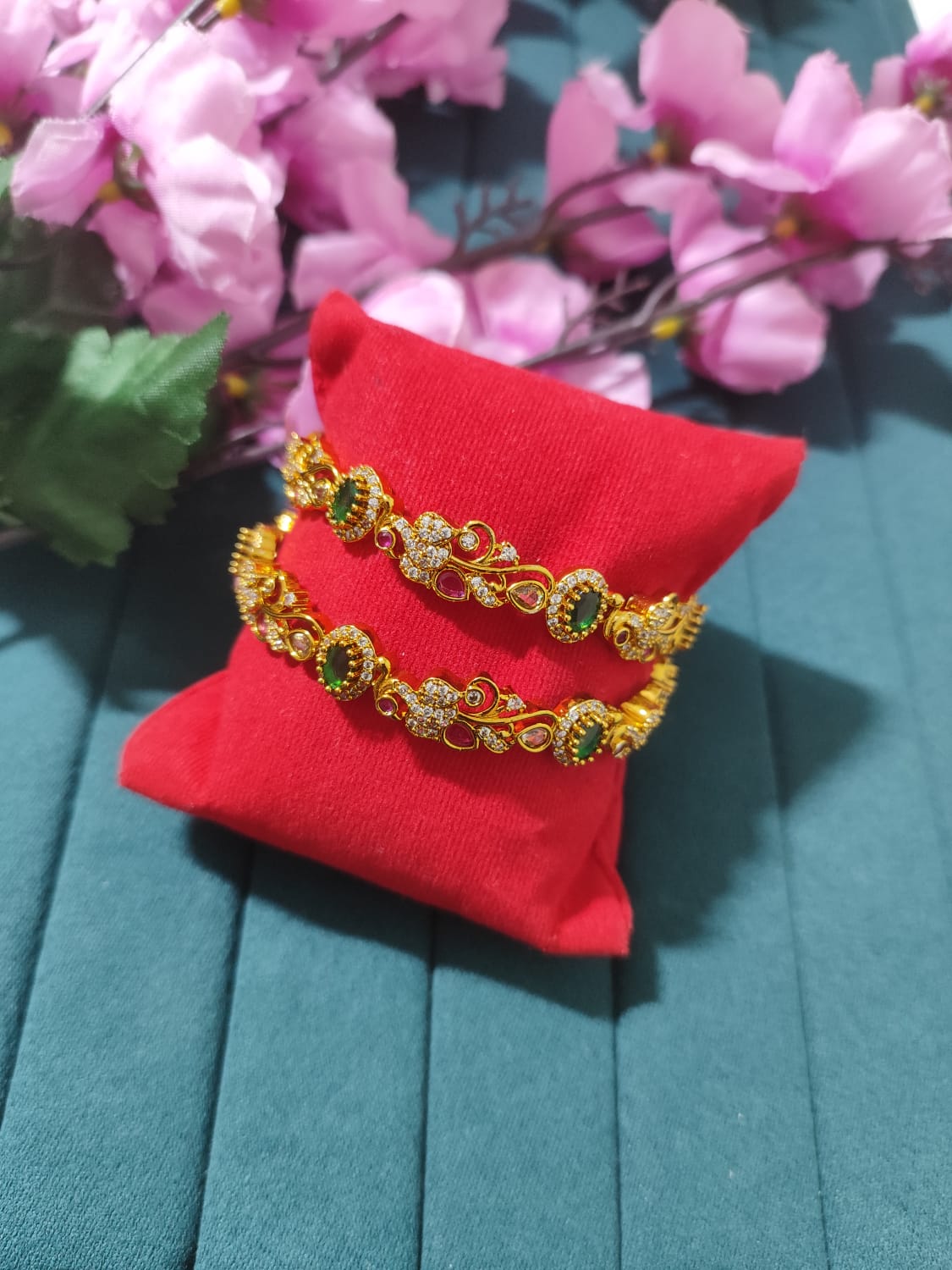 Peacock design Golden Polish CZ stone Bangles
