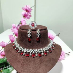 Red American diamond necklace set with Ring