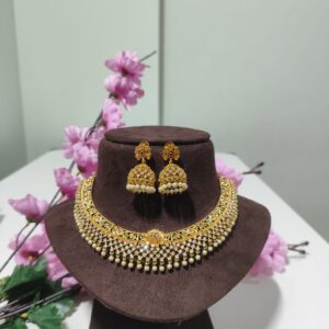 Traditional Golden colour necklace set with Jhumka