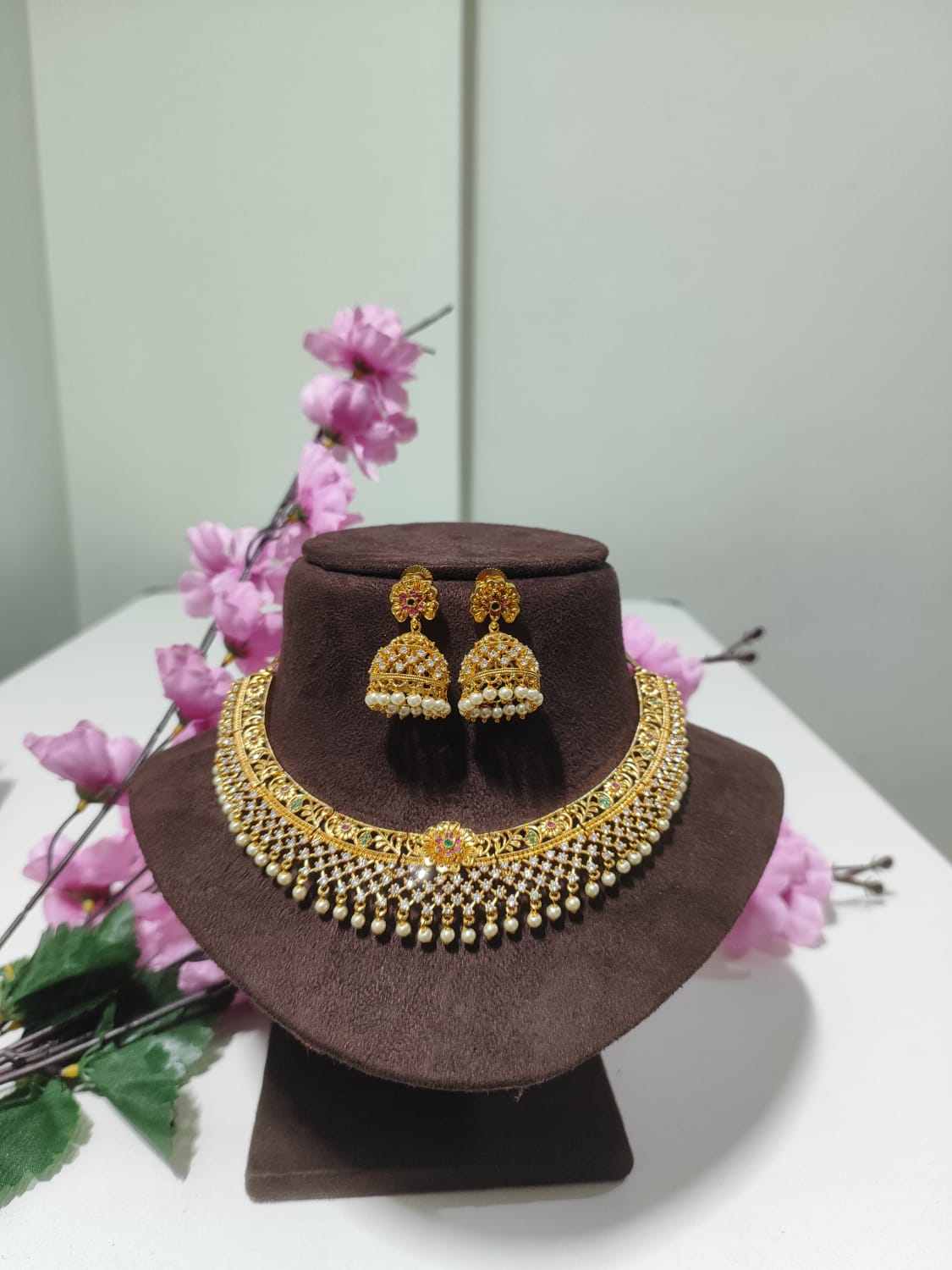 Traditional Golden colour necklace set with Jhumka