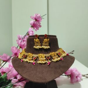 Elephant design Traditional Golden colour necklace set with Pink stone & pearls